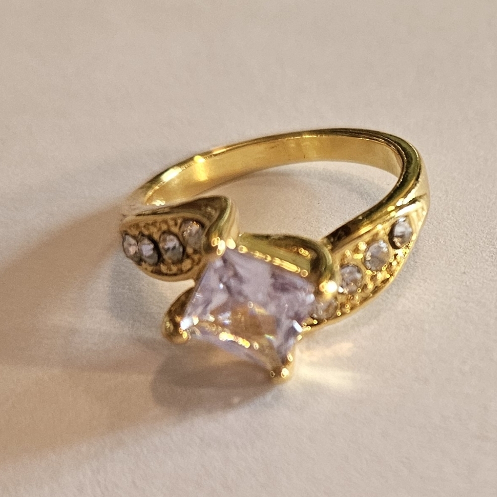 Gold-Tone Purple Crystal Ring with Accent Stones